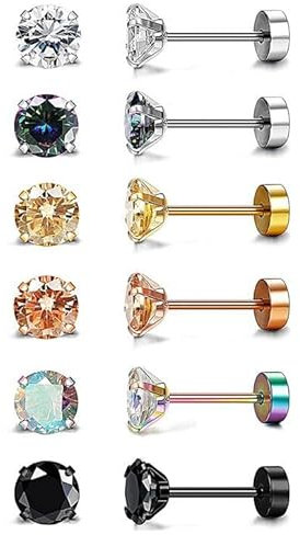 Diamday 6 paires de clous d'oreilles en acier inoxydable 20G pour femmes hommes filles Tragus CZ, dos plat, boucles d'oreilles à vis Helix, bijoux de piercing hypoallergéniques D