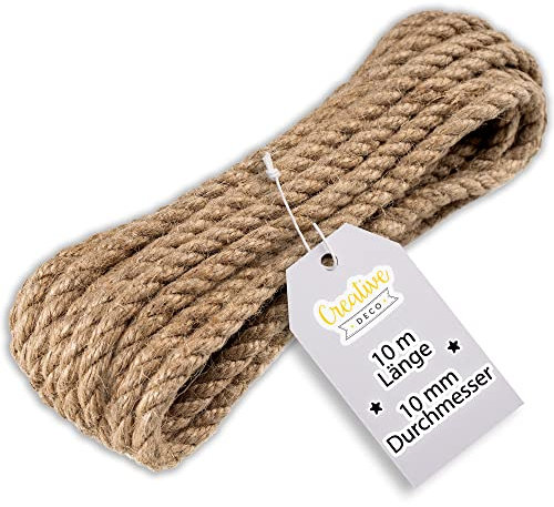 Creative Deco 10m Cuerda de Yute | 10mm de Grosor | Cuerda Fuerte Y Duradera | Trenzada | Color Marrón Natural Jardinería, Decoración De Interiores, Proyectos De Bricolaje Y Artesanía