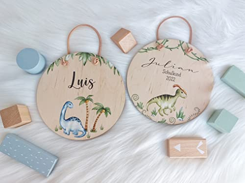 Holzschild Dino | Namensschild Dino Schild | Kinder Tier Türschild | Rund Größe 15 or 20 cm | Bedrucktes Schild | Namensschild Dinosaurier Personalisiert