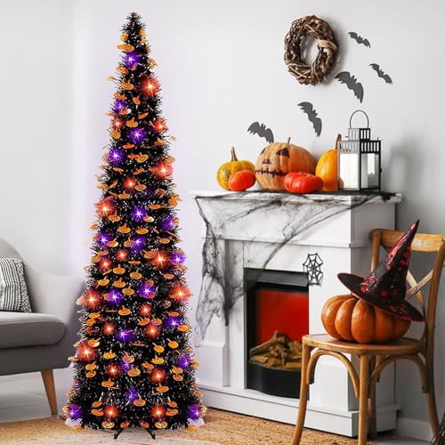 5 Ft Purple Lighted Artificial Halloween Christmas Tree with Timer-DIY 100 LED Ornament Battery Powered Pop Up Tinsel Halloween Christmas Tree with Pumpkin Sequin for Indoor Outdoor Home Party