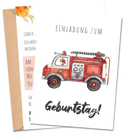 MeinBaby123® 10 Einladungskarten Kindergeburtstag Jungs | süße Geburtstagseinladungen für Kinder | Feuerwehr Einladungskarten | inkl. 10 Briefumschläge | Premium Qualität (Feuerwehr V1)