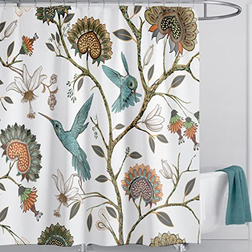 LIVETTY Duschvorhang mit weißen Vögeln, 180 x 180 cm, mit 12 Haken, schimmelresistent, floraler Duschvorhang, Stoff, Badezimmervorhang, waschbar, schnell trocknend