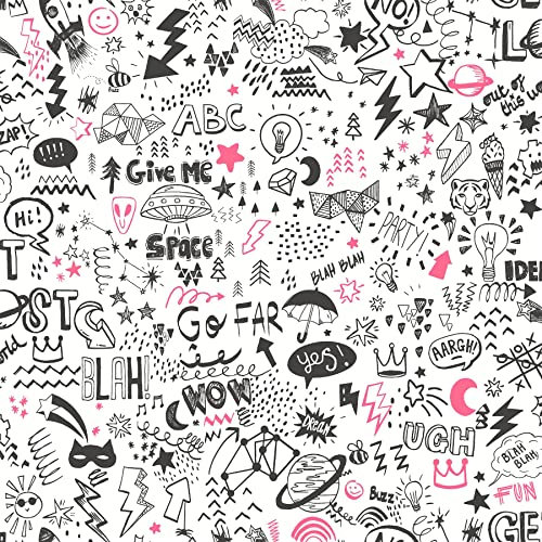 Doodle White/Neon Pink Kids Bedroom Wallpaper (13340)