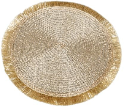 2 Stück Rund Gewebte Platzset,Gerichtsstil Tischsets,Tischsets mit Quaste 38cm,Farmhouse Retro Restaurant Tischdekoration Platzdeckchen Tischsets für Hochzeit Festival Party Küche Speisetisch,Gold