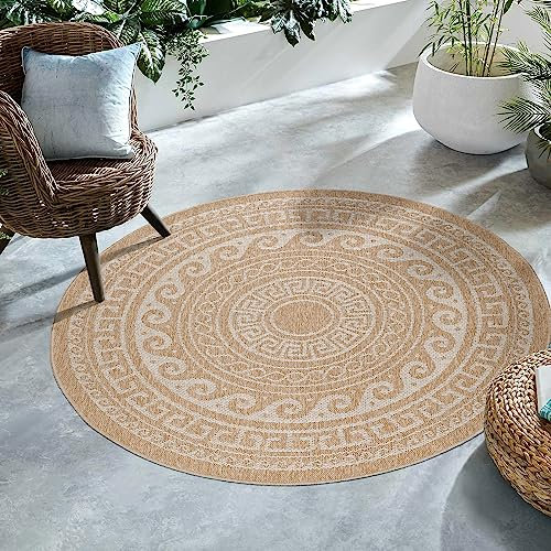 SIMPEX Outdoor Teppich, Vintage Design, Beige, 160 cm Rund, Skandinavischer Stil, Küche, Balkon, Terrasse, Garten, Picknick