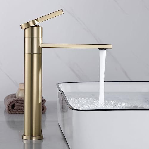 SHANFO Robinet Lavabo Doré, Mitigeur Lavabo Haut Rotatif à 360°, Robinet Salle Bain Haut, Réglable Chaud et Froid, Or Brossé