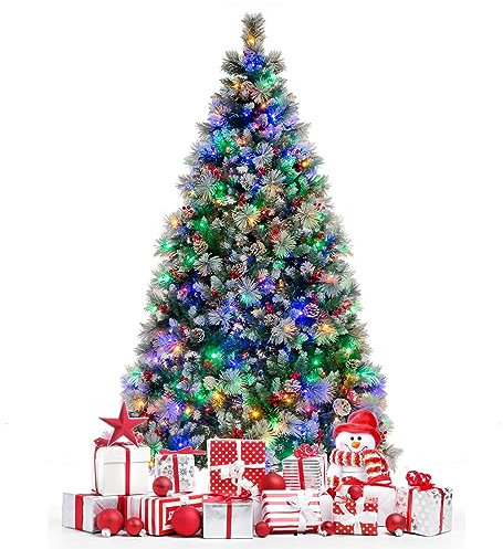 COSTWAY Albero di Natale Innevato 185/215 cm Pre-Illuminato e Incernierato, con 747/1116 Punte, 350/400 Luci LED, 55/70 Pigne, 55/70 Bacche Rosse e 11 Modalità di Illuminazione (215 cm)