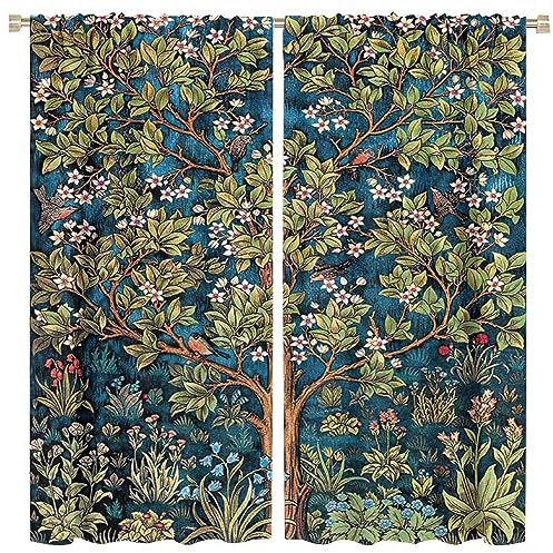 William Morris Vorhänge, Retro-Specht, Blumenmuster, Fenstervorhänge für Damen, Wohnzimmer, Schlafzimmer, Dekoration, wärmeisolierte Vorhänge für Heimdekoration, 2 Paneele, 132 x 213 cm, Verdunkelung