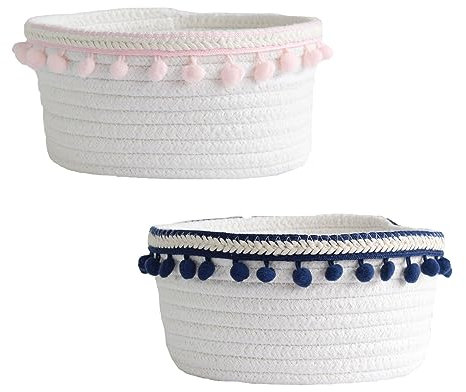 2 Pièces Panier de Rangement Tissé en Corde de Coton, Panier de Rangement Tissé Avec Pompon Doux, Panier de Rangement bebe, Boîte de Rangement en Corde de Coton, pour Salon Chambre à Coucher