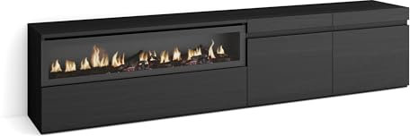 Skraut Home | Mueble TV | Televisión | Muebles de salón, almacenaje | 200x45x35cm | para TV hasta 80 | Chimenea eléctrica | Estilo Moderno | Negro