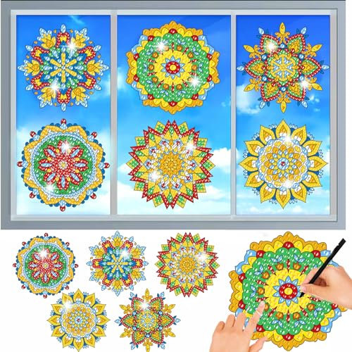 MEIEST 6-teiliges Diamond Painting für Sonnenfänger, Mandala-Kunst, Buntglas-Fensteraufkleber, Mosaik-Malerei nach Zahlen, Fensterfolie, statische Haftung, 3D-Aufkleber, Kunsthandwerk (2)