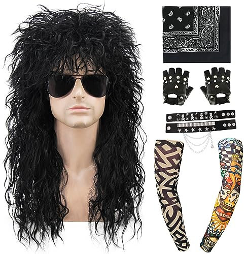 Vokuhila Perücke Herren 6pcs Set 80er Jahre Outfit Herren Faschingskostüme Männer 80er Jahre Perücke Schwarz Lang Locken für Fasching Karneval Halloween VD101BK