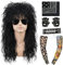 Vokuhila Perücke Herren 6pcs Set 80er Jahre Outfit Herren Faschingskostüme Männer 80er Jahre Perücke Schwarz Lang Locken für Fasching Karneval Halloween VD101BK