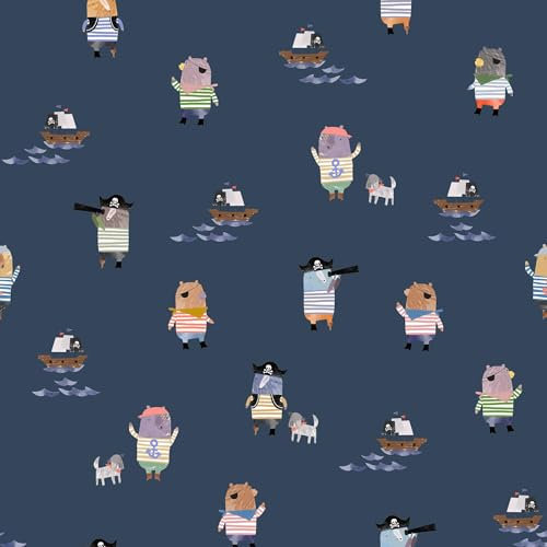 Stoff Meterware Kinderstoff Jerseystoff - 1 Meter, Jersey, Nähen, Kinder, Baby, Jungen, Mädchen, Bekleidung, Shirt (Piraten Tiere Blau)