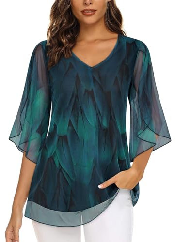 Syphiby Ladies Summer Tops Chiffon Blouses for Women Ladies Evening Tops Ruffle 3/4 Sleeve Dressy Tops for Women UK Chiffon Tops for Ladies Going Out Tops for Women UK Tunic Tops to Wear with Leggings