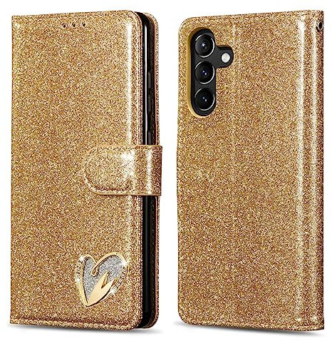 QLTYPRI Étui pour Samsung Galaxy A35 5G Coque, Flip Case Étui Paillette Glitter Bling Portefeuille en Cuir Housse avec Porte Carte Magnétique Wallet Cover pour Samsung Galaxy A35 5G - Or