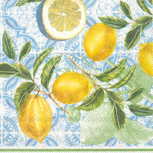 20 Servietten Essen & Trinken Zitronen auf blaue Ornamente als Tischdeko. Papierservietten mit Motiv. Auch für Decoupage und Serviettentechnik 33x33cm