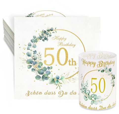 32 Eukalyptus Servietten 50. Geburtstag + 8 Windlicht Tischdeko Schön Dass Du Da Bist Deko Frau Mann Happy Birthday Windlichter
