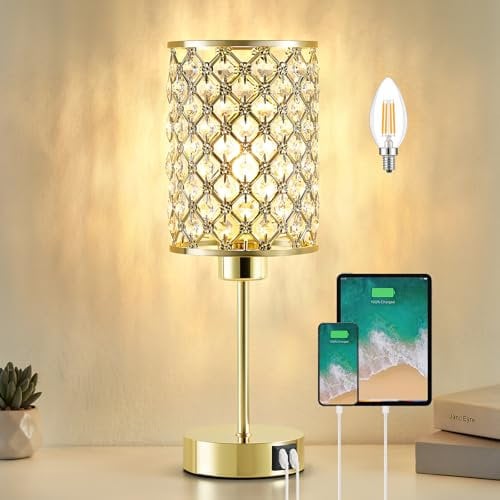 GyroVu Kristall Tischlampe & Nachttischlampe, Dimmbare Kristallschirm Touch-Lampe mit USB A+C Ports, Gold Kleine Beleuchtung für Wohnzimmer & Schlafzimmer (Buld Enthalten)