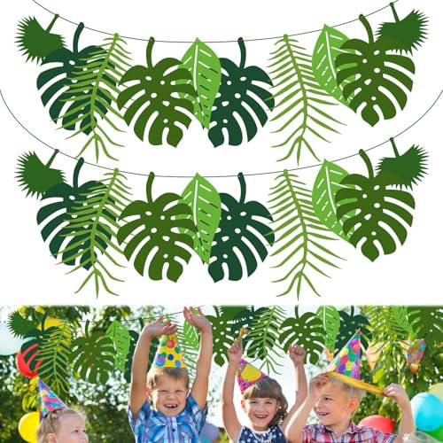 Tropical Palm Leaves Banner,2 Pcs Jungle Theme Party Decorations Faux Monstera Leaves,Tropical Leaf Banner for Birthday, Summer,Luau, Jungle Summer Theme Party