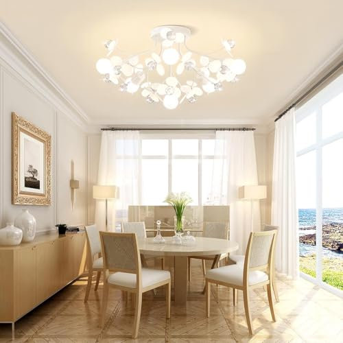 VTAMng Deckenlampe Retro Schlafzimmer E27 Kristallkugel Deckenleuchte Feuerwerk Löwenzahn Metall Sputnik Kronleuchter Mittelalterlich Weiße Blütenblätter Kreative Wohnzimmer Esszimmer Küche Flurbeleuc