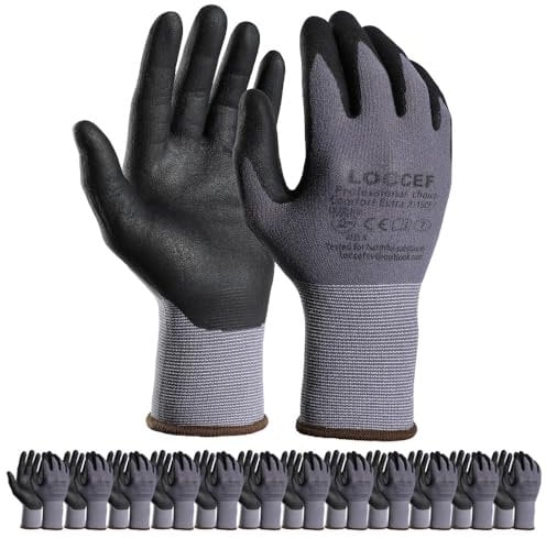 LOCCEF Arbeitshandschuhe Herren/Damen, 12 Paare - Nitril beschichtet, nahtlos gestrickte Nylon-Handschuhe für Heimwerken, Handwerk und Gartenarbeit(7/S, Grau-12 Paare)
