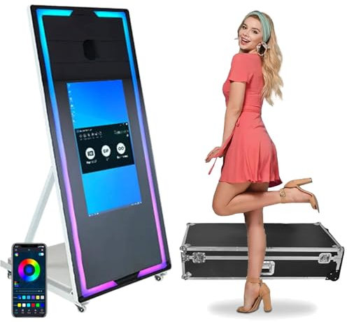 Magic Mirror Photo Booth (Telecomando/Controllo App) + Flight Case + Mini Pc, Specchio Da 45'' (Touch Screen Da 22'')/Specchio Da 65'' (Touch Screen Da 32''), Supporto Di Più Lingue,White-65''