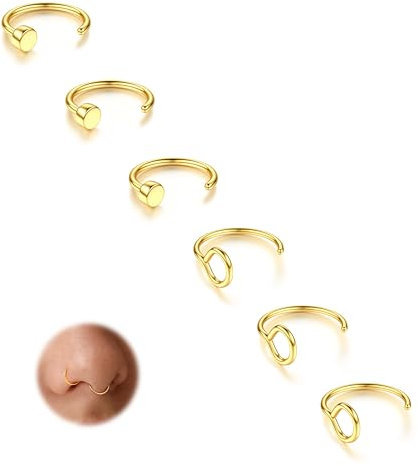 Diamday 6Stück Nasenpiercing Fake Nasenring Lippe Ring Set Chirurgenstahl Fake Piercing Nase Hoop Fake Septum No-Piercing Ohr Bauch gefälschte Körperschmuck 22G/20G/18G 6-8mm