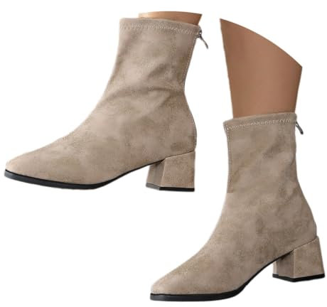 shownicer Stivali Donna Eleganti Stivaletti Corti con Tacco Basso Zip Autunno Inverno Stivali in Pelle Scamosciata Outdoor Ankle Boot Stivali A Beige 36