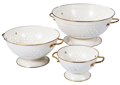 beifeier Metal Colander Set - 1 & 3.5 & 5 Quart, Colander with Gold Handle and Base, Dishwasher Safe, Kitchen Essential Strainer for Pasta Fruits Vegetables (Cream)