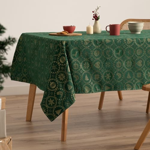 GAMUSI Tischdecke für Weihnachten, Jacquard, Goldgarn, Esstisch, rechteckig, Weihnachtsdekoration, 140 x 200 cm, Grün