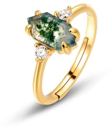 Lllunimon Natürliches Moos Achat Edelstein Echte 925 Sterling Silber Ring für Frauen Kite Cut Geometrische Ringe Einstellbare Versprechen Hochzeit Ringe für Jubiläum Valentines Geschenke,Gold
