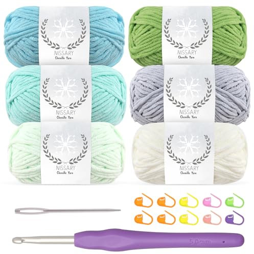 Chenille Yarn for Crochet - Soft Plush Velvet Yarn 6x50g with 5mm Hook,Thick Fluffy Wool for Crochet Blanket Making Chunky Wool -Ideal for Beginners (RefreshingHues)