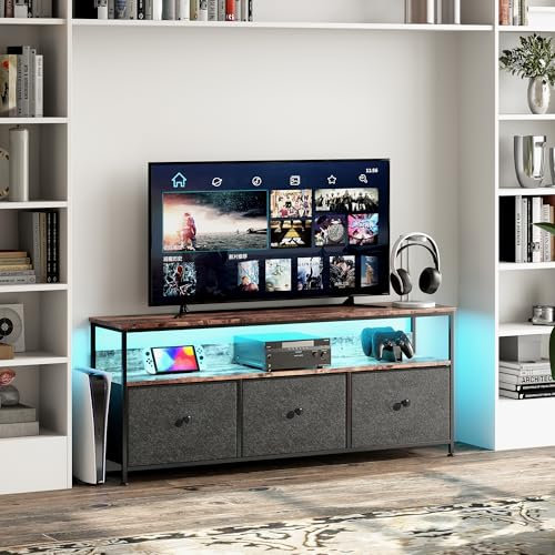 BRILVERDE Meuble TV avec LED, 3 tiroirs en tissu, compartiments ouverts, bois, meuble TV, 108 cm de long, pour salon, chambre à coucher, noir