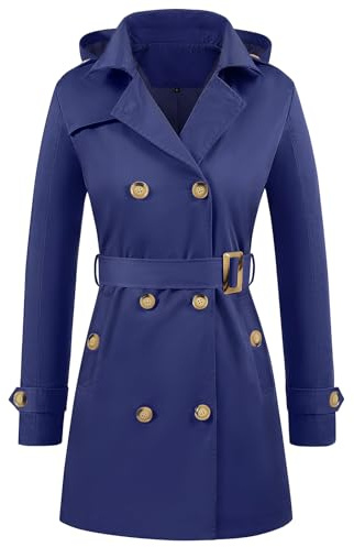 Yuson Girl Trench Coat Femme Double Boutonnage Manteau Classique Coupe Vent Trench Femme Capuche Impermeable Légère Parka mi Saison Casual Vestes Printemps Automne avec Ceinture