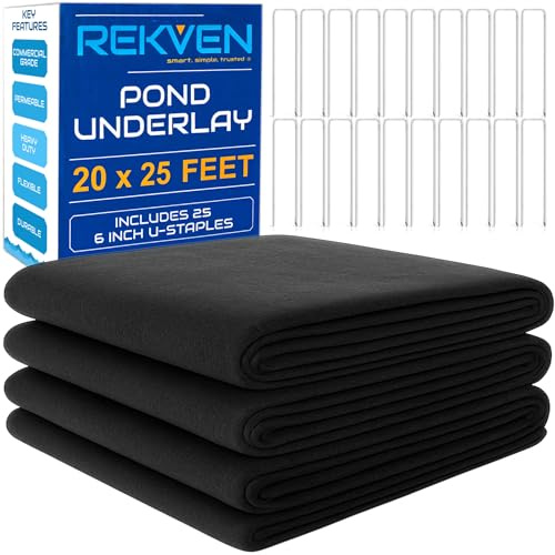 REKVEN Large Pond Liner Underlayment - 20 x 25 Feet - Non Woven Geotextile Landscaping Fabric with 25 U-Pin Garden Staples - Perfect for Fish Koi and Preformed Ponds Fountains Waterfalls