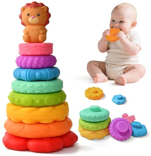 Stapelspielzeug mit Ringen Babyspielzeug Stapelturm Stapelspiel mit Löwefigur Beißspielzeug Baby Squeeze Zahnen Montessori Spielzeug Geschenk für 6 12 18 Monate Baby Mädchen Jungen (Regenbogen)