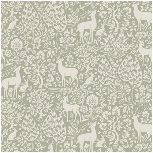 YöL Deer Woods Animals Forest Sage Green Wallpaper - Contemporary Versatile - 10.05m x 53cm Roll - Feature Statement Wall - Dining Room Living Room Kids Room Lounge