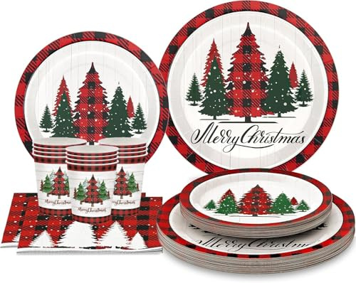 LATERN 100 Piezas Vajilla de Papel para Fiestas Navideñas, 25 x 23CM Platos de Llanos, 25 x 19CM Platos de Ensalada, 25 x 270ml Vasos, 25 x 16CM Servilletas - para Navideña Invernal Fiesta Decoración