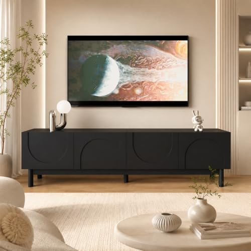 OLIVIBED Moderner TV-Schrank mit Wllenförmigen Türen, TV-Möbel mit Beine und Stauraum, Lowboard für Fernseher bis zu 70 Zoll, Fernsehertisch für Wohnzimmer, Griffloses Design, Schwarz, 169x34x45.5cm