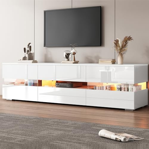 BTM Moderner weißer Hochglanz-TV-Schrank, 160x39x45 cm, mit LED-Beleuchtung, 2 Türen, offenes Fach, geeignet für 70-Zoll-Fernseher – mit Acryl-Glaseinsatz und Drucköffnung, Hochglanz-TV-Stände