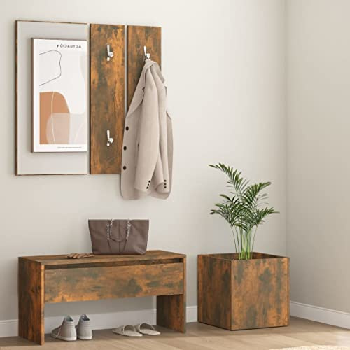 GFEROMRF Smoked Oak Engineered Wood Multifunctional Hall Tree with Mirror, Hall Bench with Drawer and Coat Rack, White Coat Rack with Mirror, Hallway Storage Bench Planter Set, White