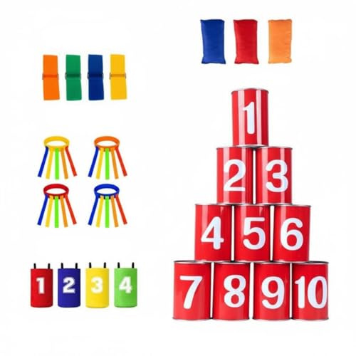Bffcnl Throwing Sack Toss Set Cartoon Character Illustration Tin Can Knockdown Game Group Activity Can Toss Game for Party, Red Numbered Four-Color Set