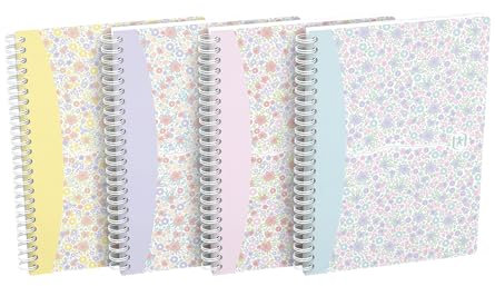 Oxford Spiral Notizbuch A5 Floral kariert, 120 Seiten, Softcover, 4 Designs, 5 Stück