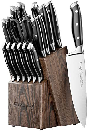 Messerset 18 tlg. Küchenmesserset Kochset mit Block Holz Manuelles Schärfen für Kochmesser Edelstahl Emojoy Acacia Wood