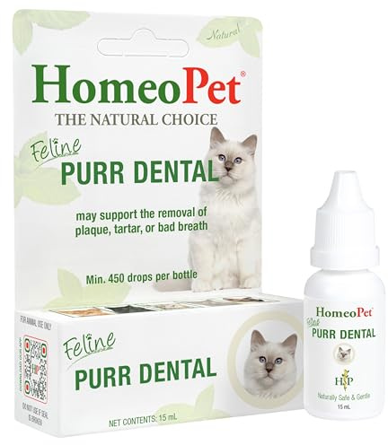 HomeoPet FELINE PURR DENTAL - 100% Natural Pet Medicine. For Healthy Teeth, Gums and Breath. Plaque Build-Up, Tartar & Bad Breath. No Brushing Required - 15 Milliliters, up to 90 doses per bottle