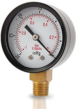 Manometro del Vuoto, Quadrante 2, Montaggio Inferiore 1/4 NPT, Doppia Scala -30 inHg a 0, -1 a 0 bar, Lega di Rame, Precisione 4/3/4%, per Compressore d'aria Acqua Olio Gas