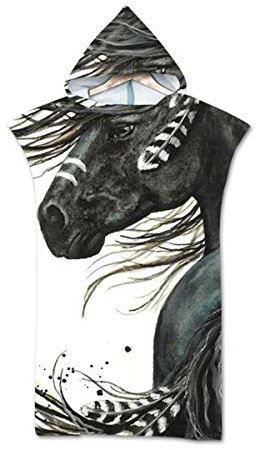 Chickw1 Surfen Wechseln Handtuch Poncho Mikrofaser mit Kapuze für Damen Herren, Robe Bademantel Surfponcho für Strand Pool See Wasserpark Schwimmen Schnorchel (75x110cm,Pferd)