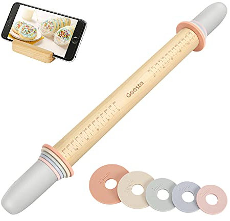 Geesta - Mattarello regolabile con 5 anelli di spessore e manici a pressione, lunghezza 43,9 cm, guida per la misurazione della crosta