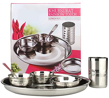 Stainless Steel Dinner Set with Thali Plate, Small Plate, Bowls, Katori, Spoon, Tumbler - Round (30cm - Lining Design) - 6PC Traditional Indian Lunch & Dinner Serving Set